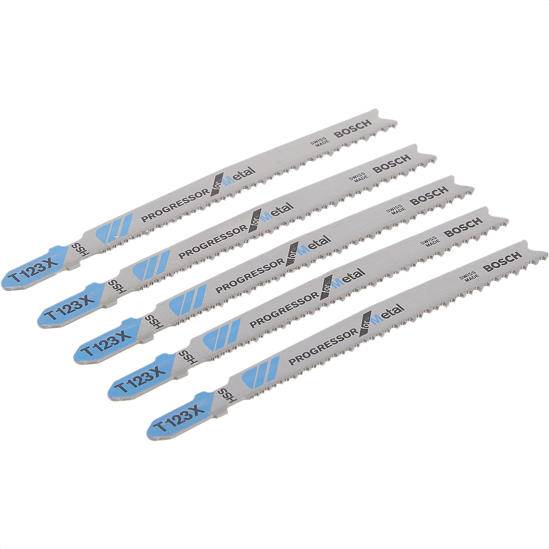 Set of five Bosch branded metal T-shank jigsaw blades with progressive teeth for precise cutting in tool accessories collection