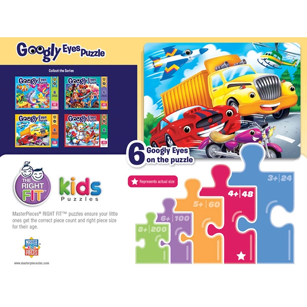 Brightly colored kids puzzle featuring vehicles with playful googly eyes from toys and puzzles under $50 collection