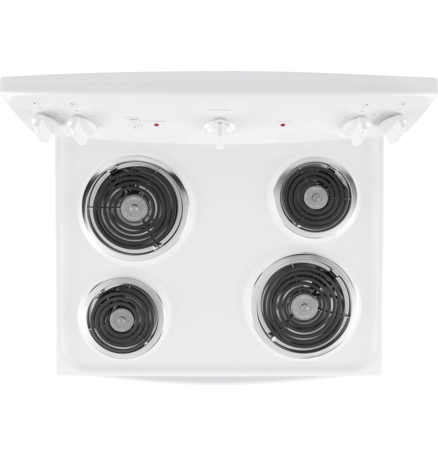 Top view of a white electric range with four coil burners and control knobs for kitchen appliance use