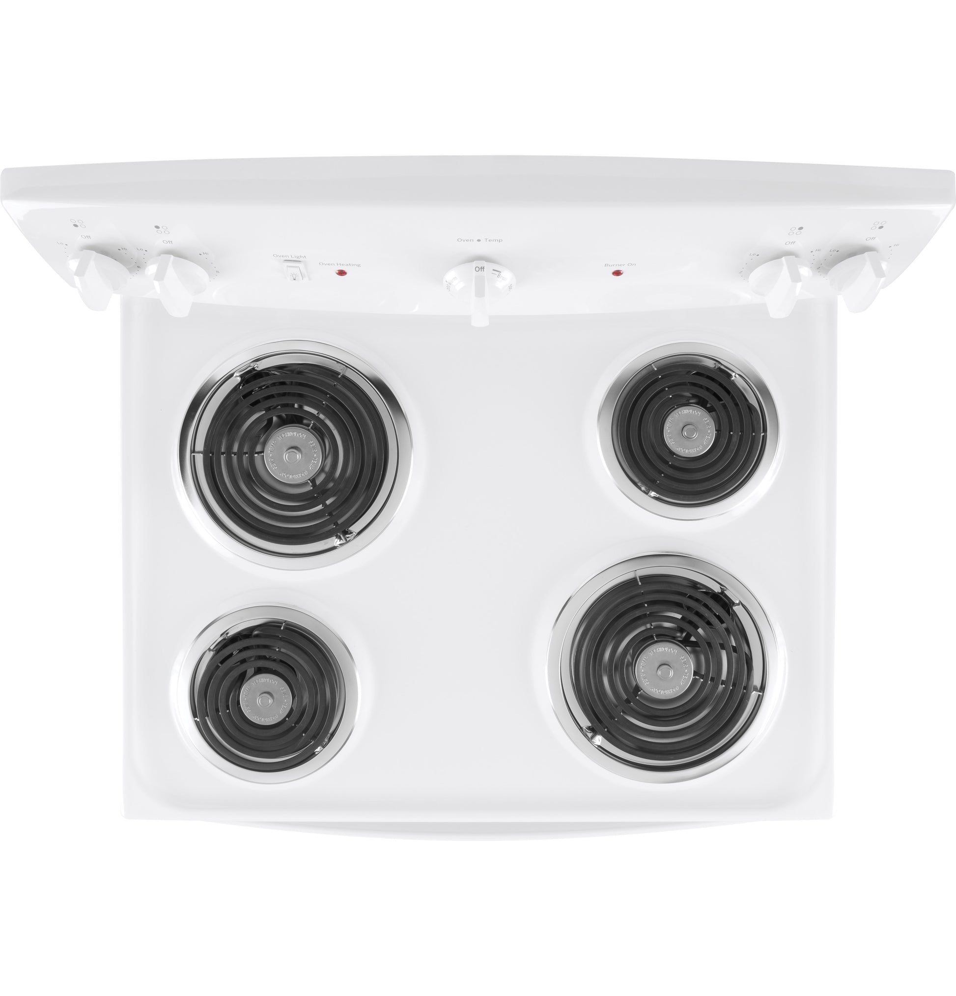 Top view of a white electric range with four coil burners and control knobs for kitchen appliance use