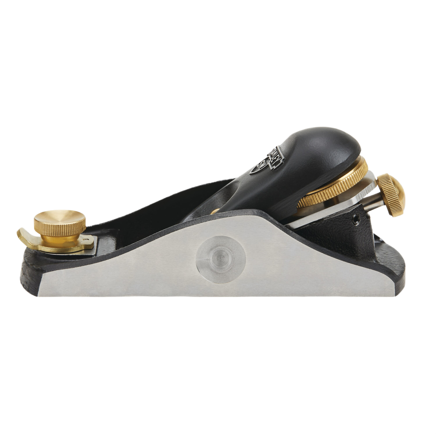 Metal and black woodworking hand plane with brass adjustment knobs for precision smoothing in home improvement projects
