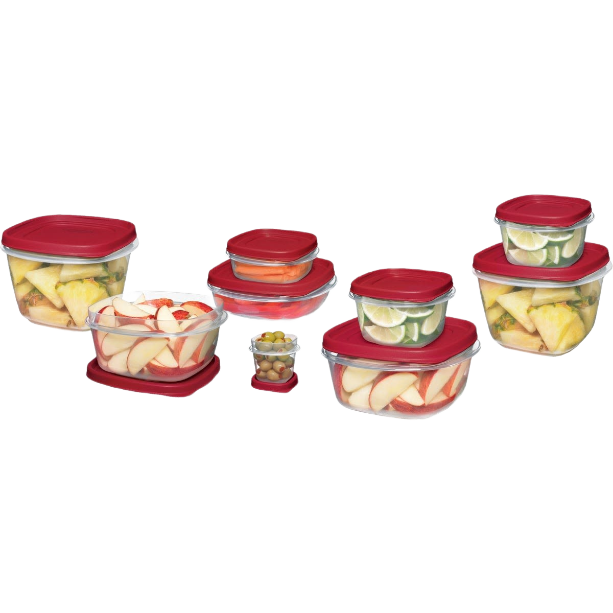 Assorted clear food storage containers with red lids filled with sliced fruits and vegetables for kitchen organization