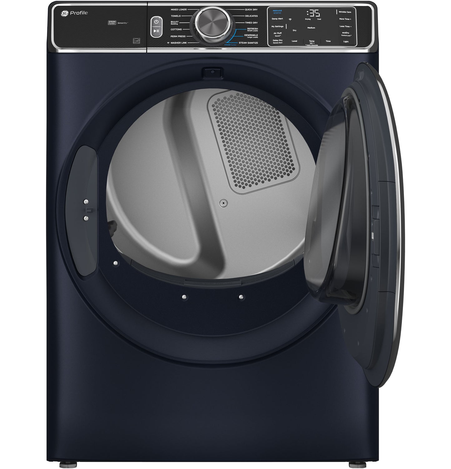 Dark blue smart front-load gas dryer with open door, digital controls, and steam cycle in dryers and appliances collection