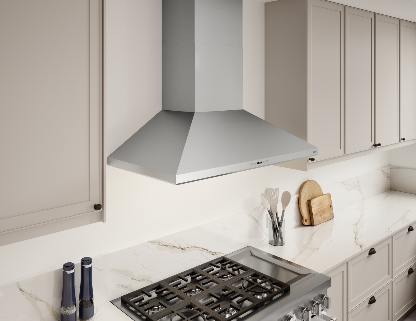 Polished stainless steel wall range hood with dual-level LED lighting in modern kitchen and home improvement setting