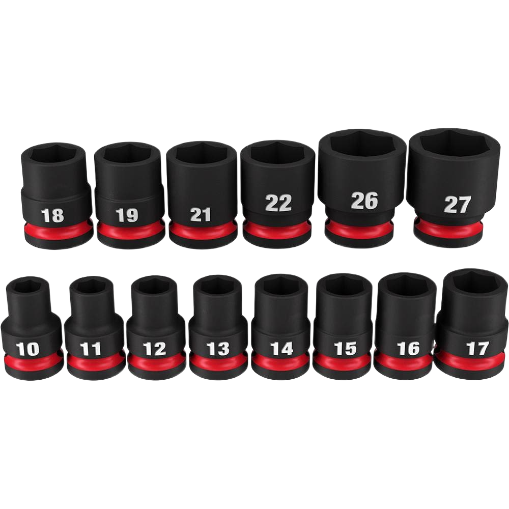 14-piece set of metric impact duty sockets with 6-point hex design and red ring accents for hand tools collections.