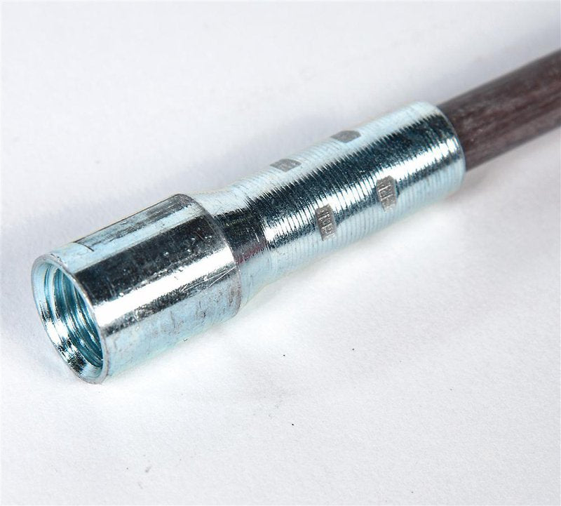 Close-up of metal connector on red fiberglass extension rod for chimney brush used in home improvement tasks