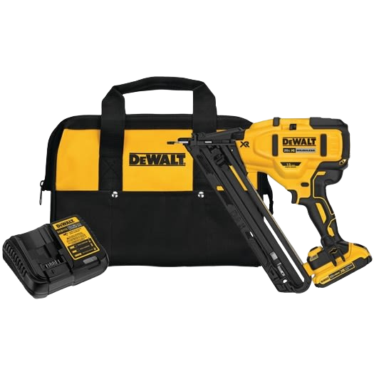 Yellow and black cordless angled finish nailer with battery charger and branded carrying bag for home improvement tasks