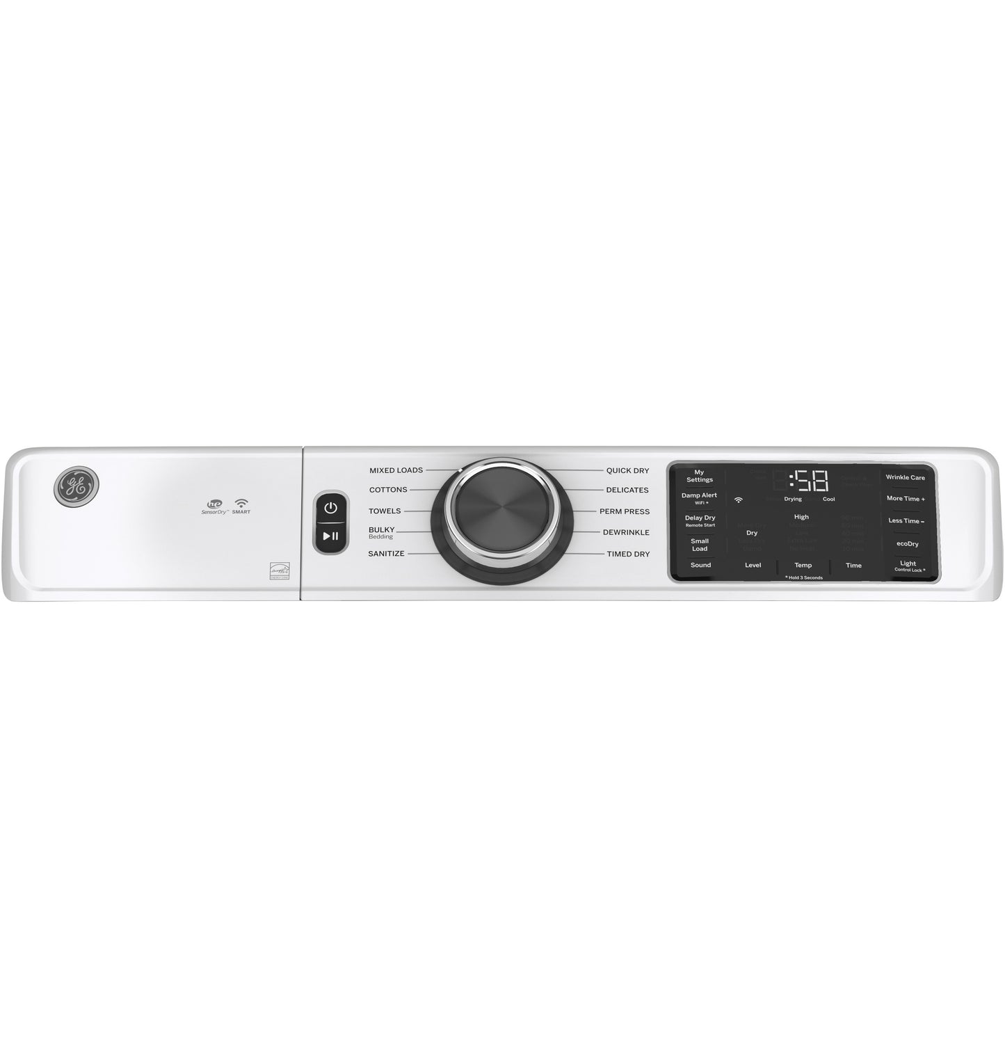 Control panel of white front load electric dryer with cycle dial, digital display, and touch controls from dryers collection