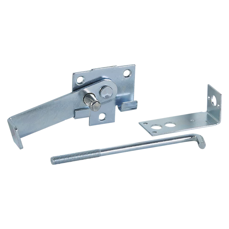 Zinc-plated steel barn door latch with mounting brackets and bolt for secure fastening in home improvement hardware collections
