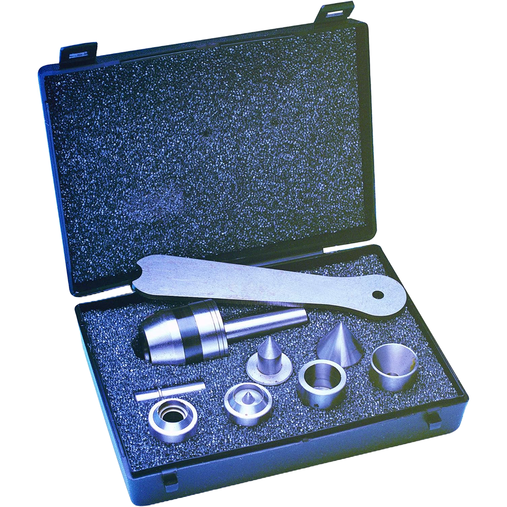 Metal hollow revolving center kit with assorted tips and wrench in protective foam-lined case for woodworking tools collection