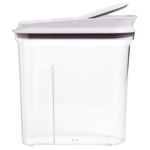Clear plastic cereal dispenser with white push-button lid for countertop storage and kitchen organization