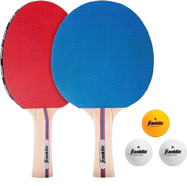 Set of two wooden ping pong paddles with red and blue rubber surfaces and three white and orange balls for table tennis play