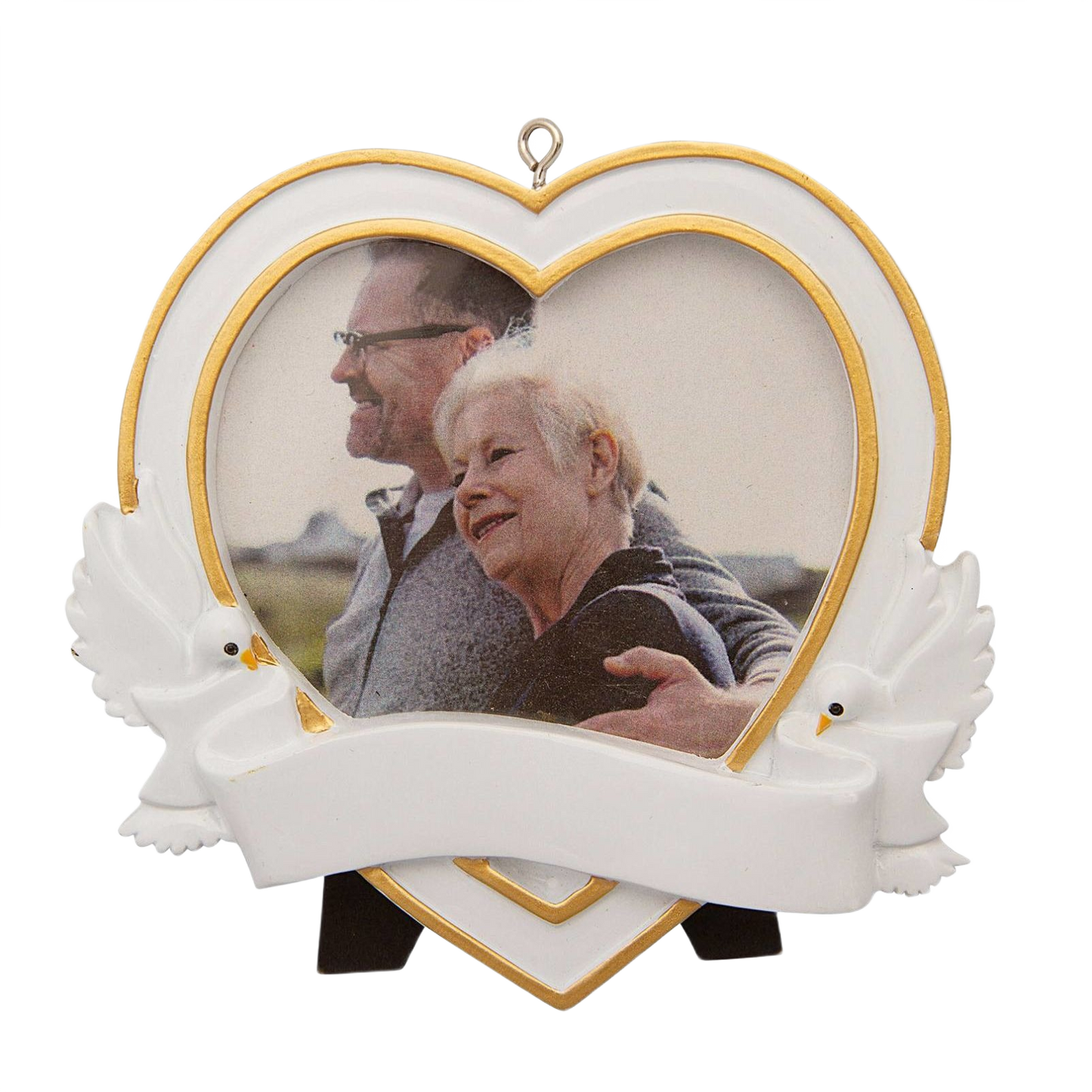 Heart-shaped memorial ornament with white doves and gold trim for Christmas tree decoration under $50