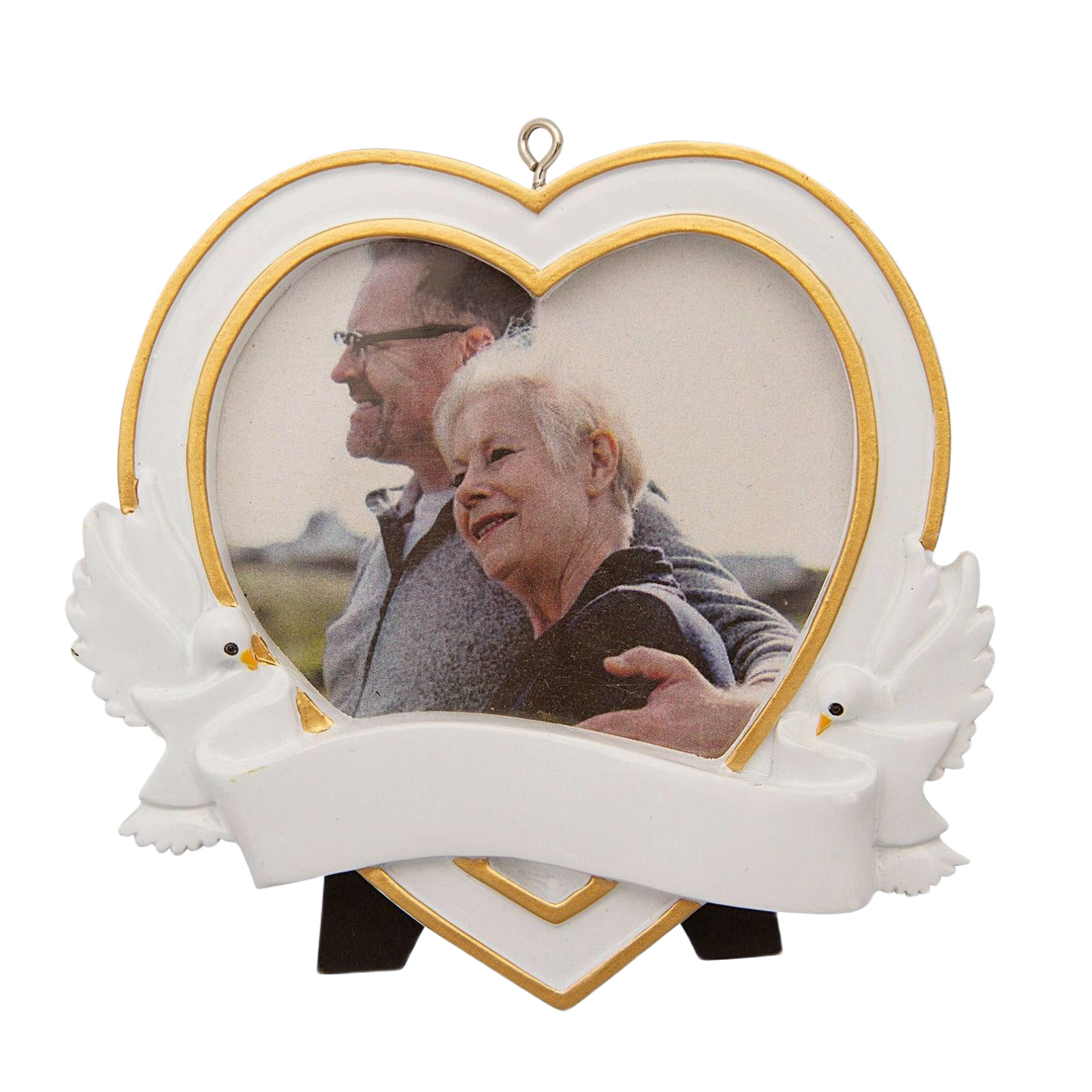 Heart-shaped memorial ornament with white doves and gold trim for Christmas tree decoration under $50