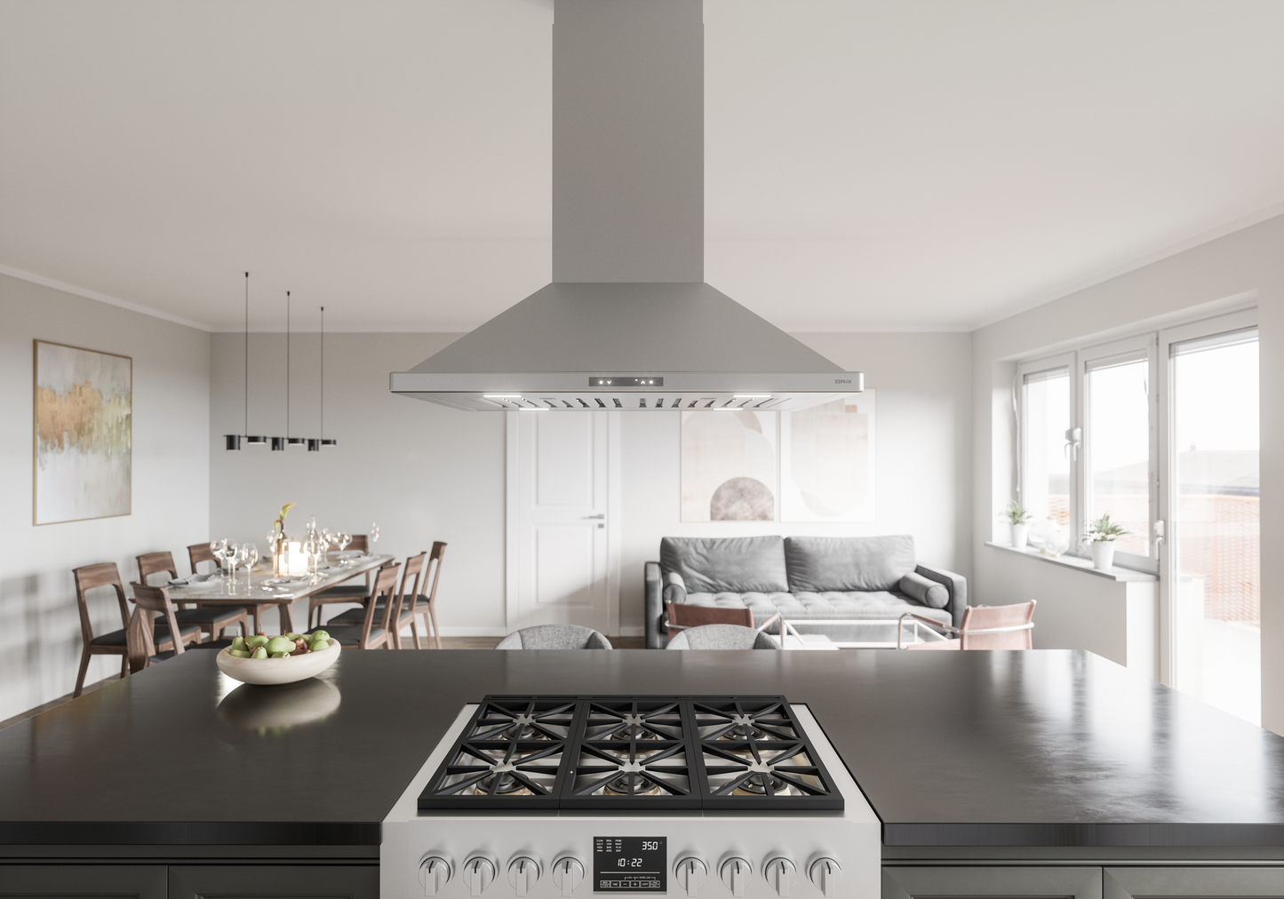 Brushed stainless steel island range hood with LED lights and touch controls in modern kitchen and appliances collection