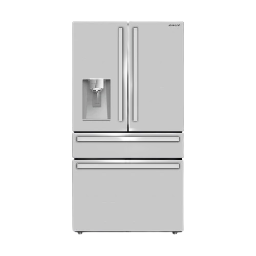 Counter-depth 4-door French door refrigerator with dispenser in stainless steel for kitchen appliances collection