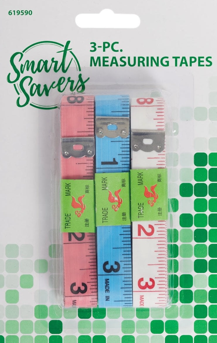 Set of three 5-foot measuring tapes in pink, blue, and white for office supplies and home improvement tools collections
