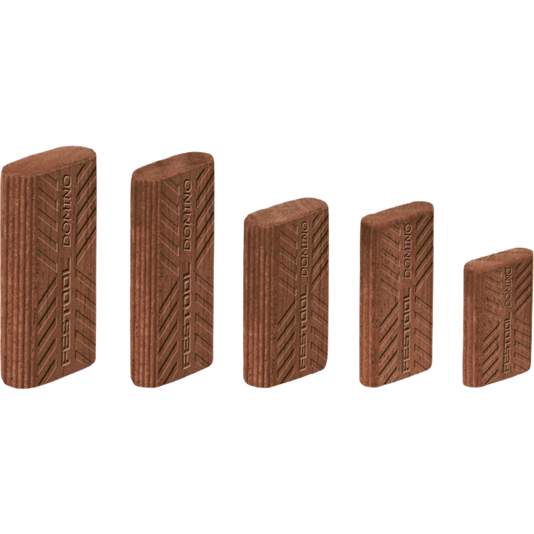 Set of five brown Sipo Domino tenons in various sizes for woodworking tool accessories and joinery projects under $100 collections