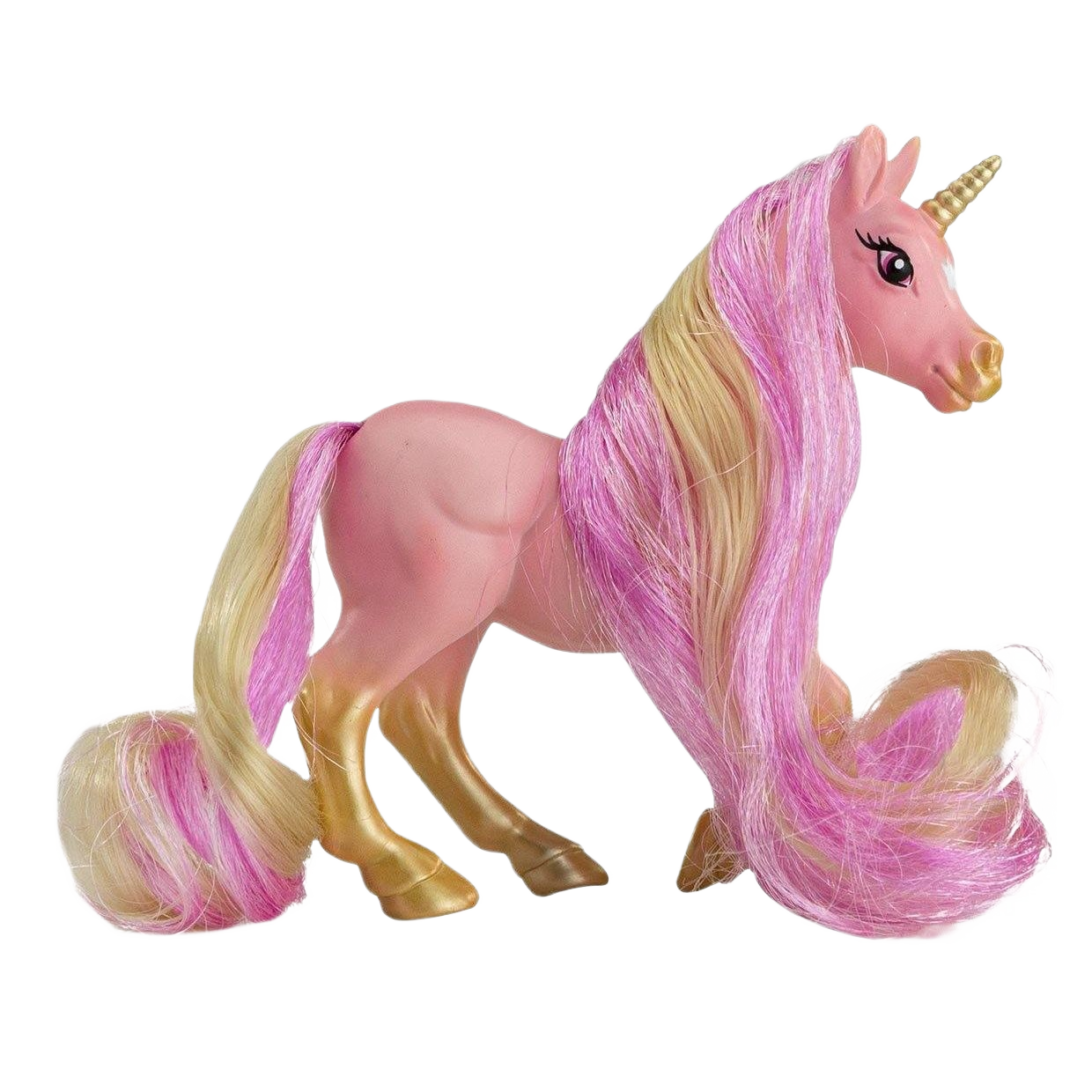 Pink unicorn figurine with long pink and blonde mane and tail, featuring a golden horn and hooves
