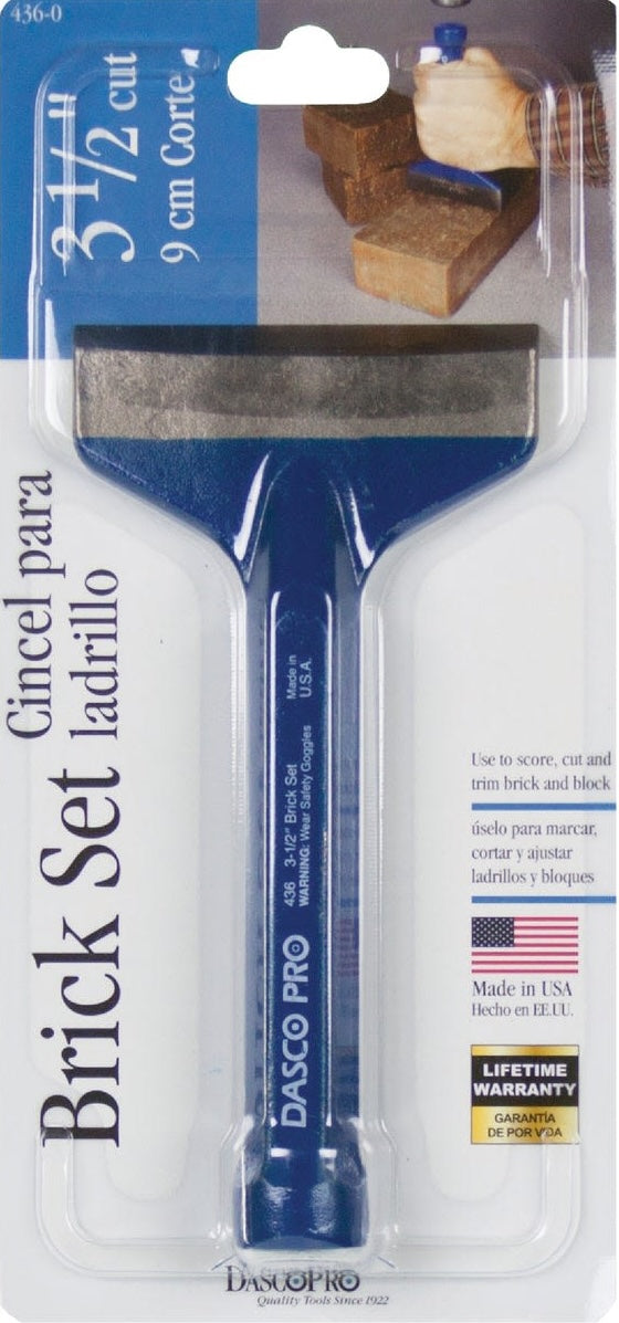 Steel brick set with blue handle for scoring, cutting, and trimming bricks in home improvement projects