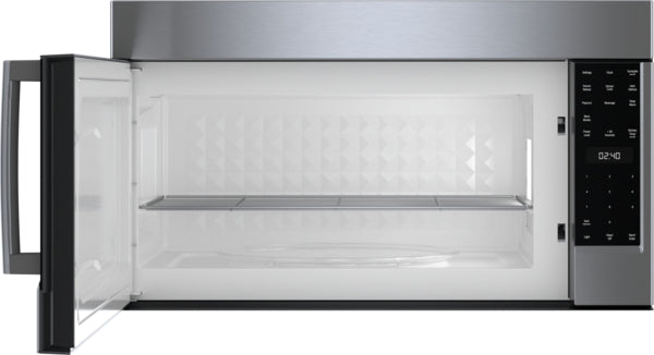 Over-the-range microwave with left side-opening door, stainless steel finish, LED display, and glass turntable interior from Bosch Appliances collection