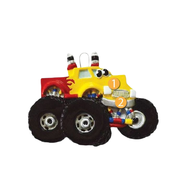 Yellow and red monster truck ornament with large black wheels in Christmas Ornaments & Tree Decorations collection