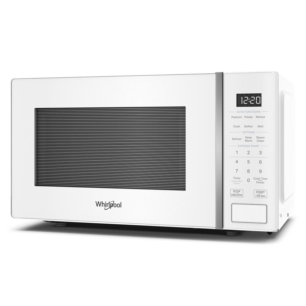 White countertop microwave with digital LED display, touch controls, and steam clean function for kitchen appliances collections