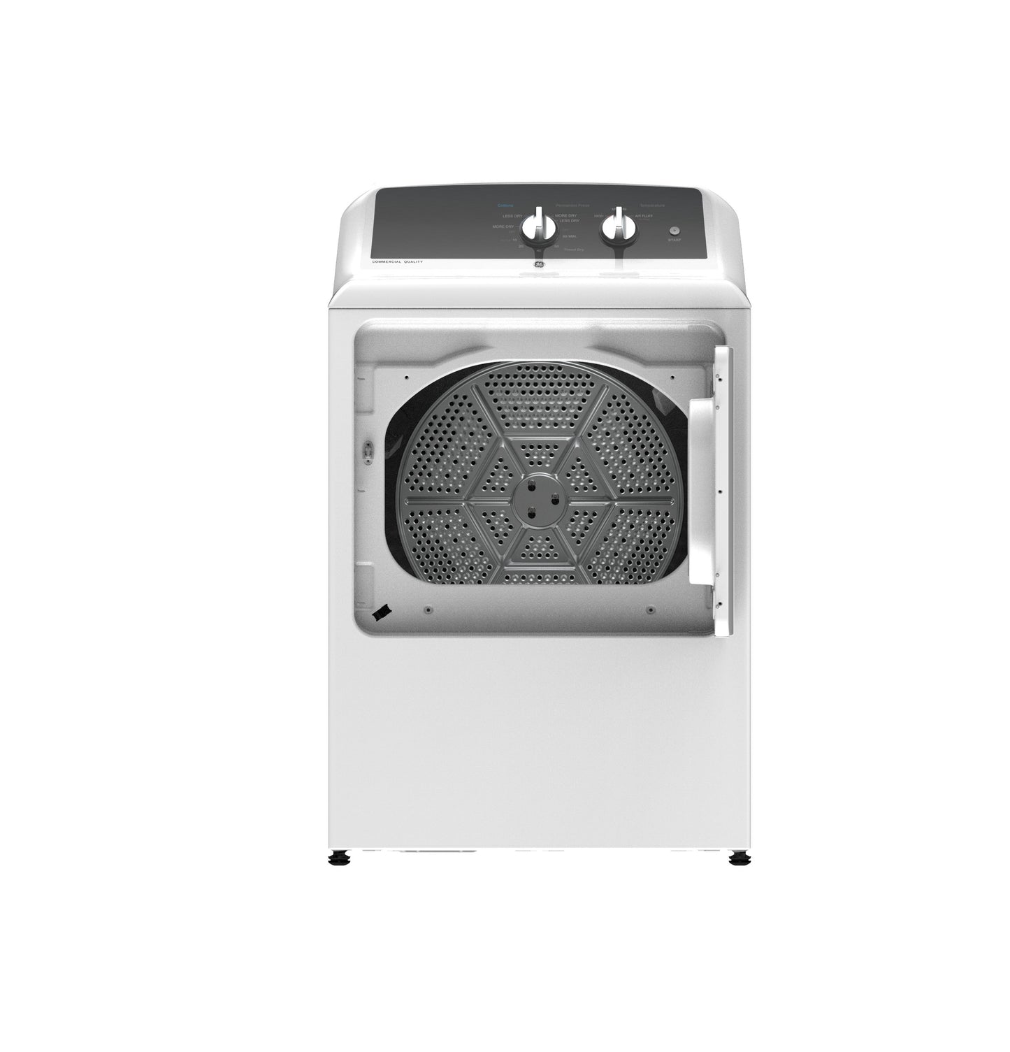 Front view of white electric dryer with open door showing drum interior, part of home improvement appliances collection