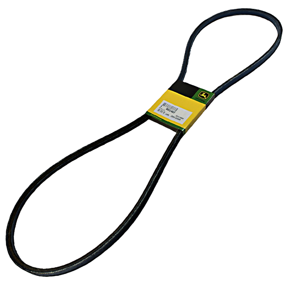 Black rubber secondary deck drive belt with yellow and green John Deere branded packaging for tools and home improvement