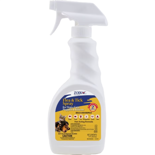 White spray bottle of Zodiac flea and tick treatment for pets featuring a blue and yellow label for home and pet care use