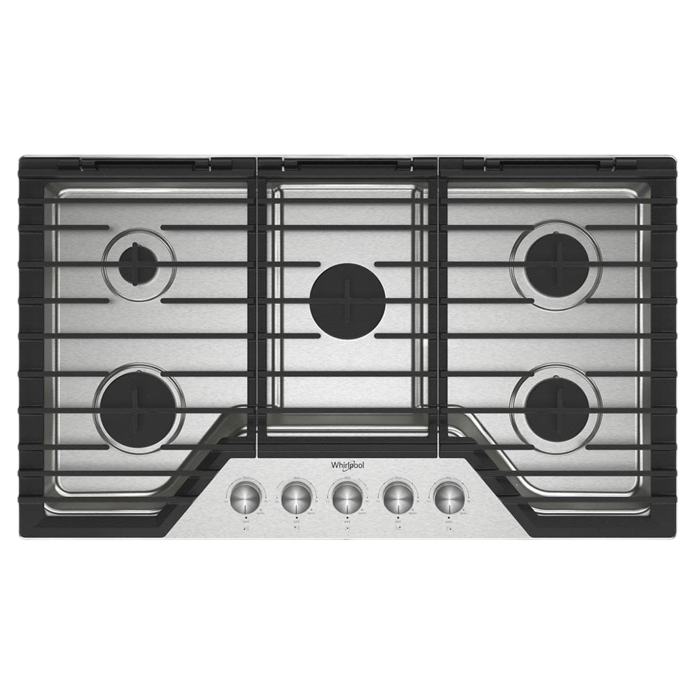 36-inch gas cooktop with five burners and cast-iron grates for kitchen and home improvement projects