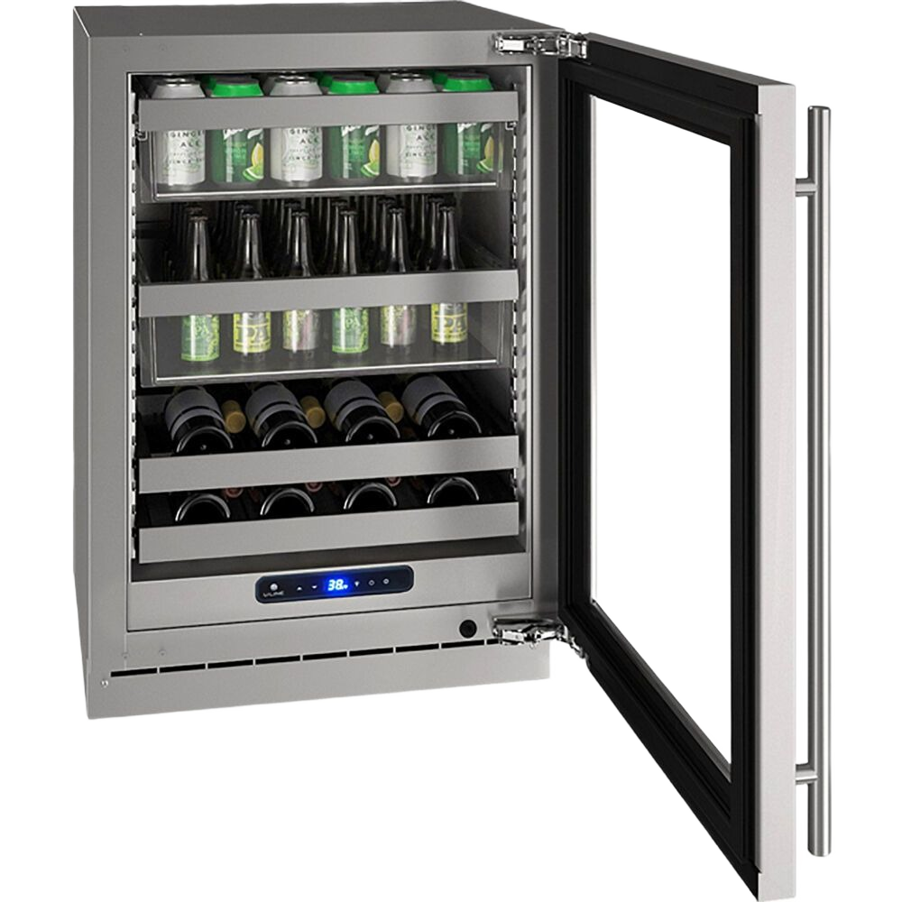 24-inch stainless steel beverage center with lock, right-hinged glass door, digital temperature control, and multiple shelves