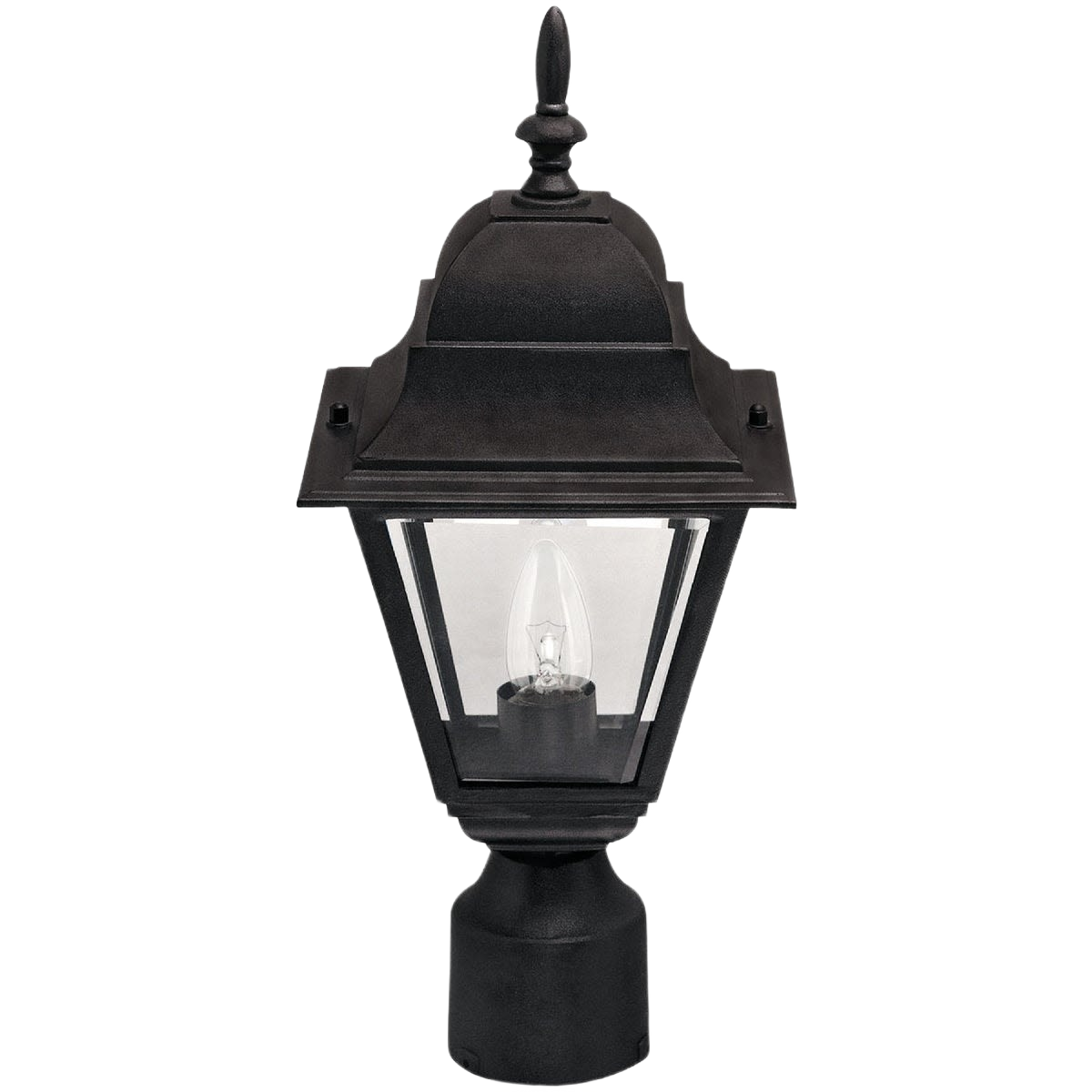 Black incandescent post light fixture with clear glass panels for outdoor lighting and lawn and garden use