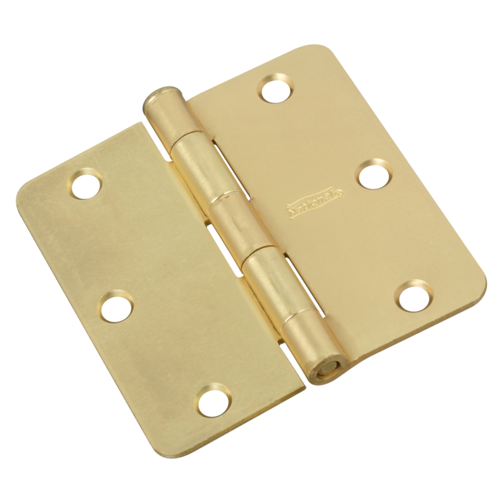 Satin brass round corner door hinge with six screw holes for residential door hardware and home improvement projects