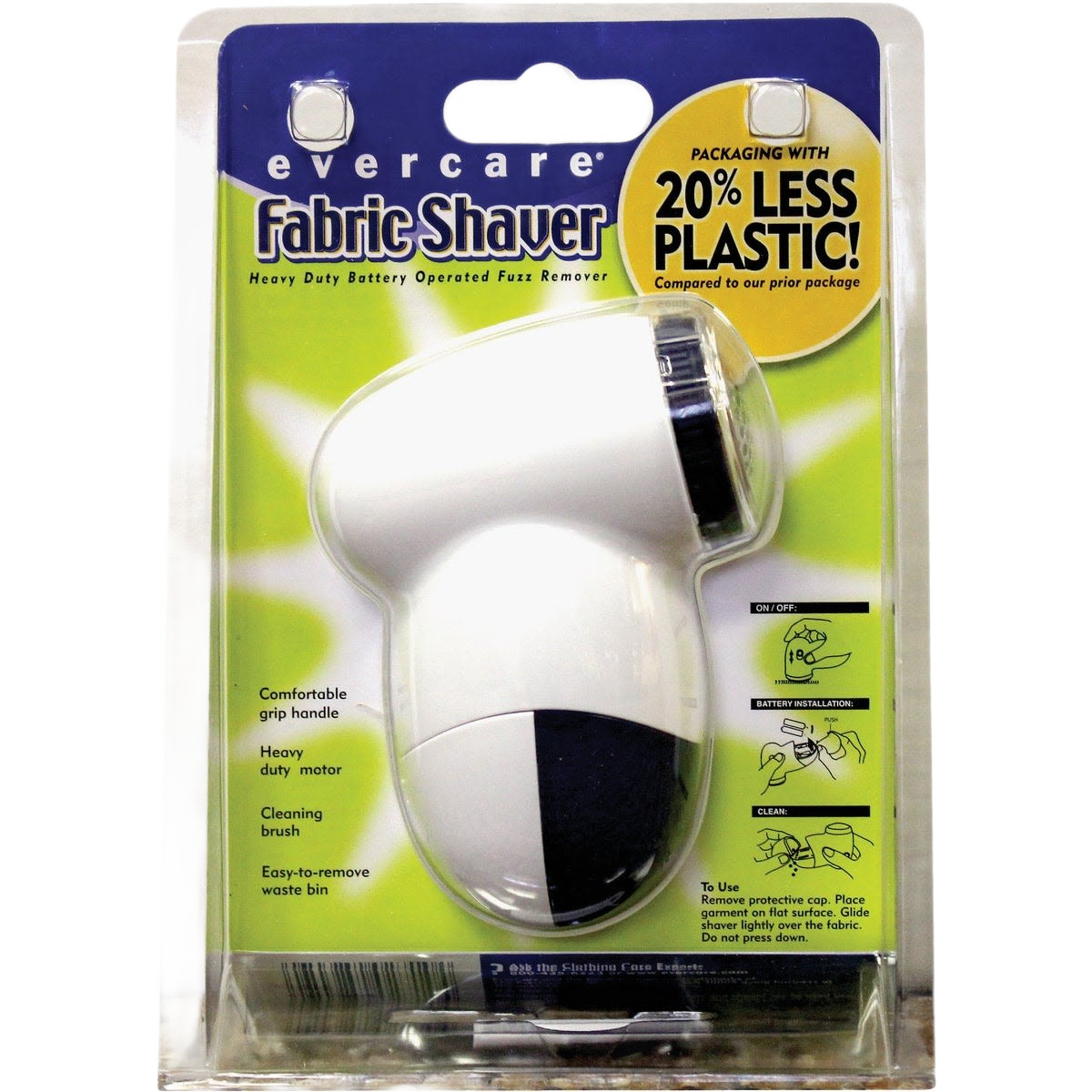 White and black fabric shaver with comfortable grip in eco-friendly packaging for home cleaning and fabric care tasks