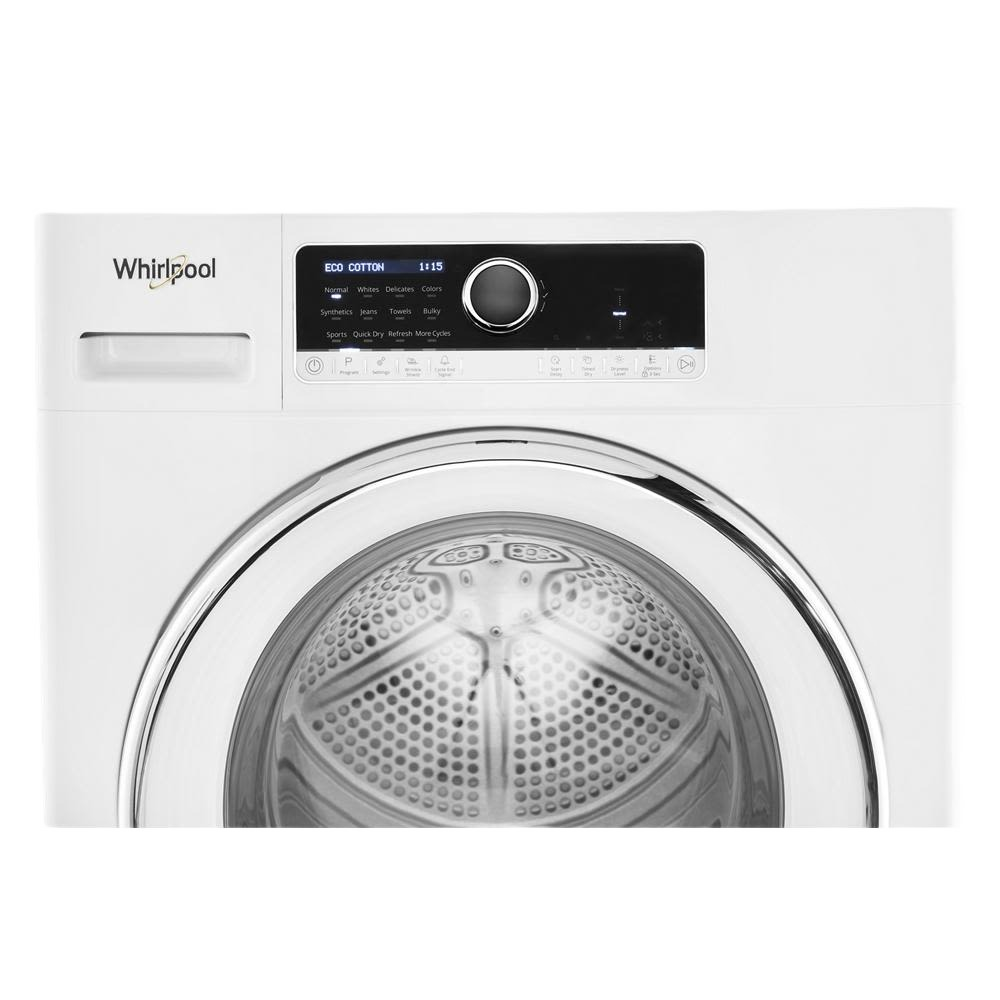 Front panel of a white compact ventless dryer with digital controls and round door in dryers and appliances collection