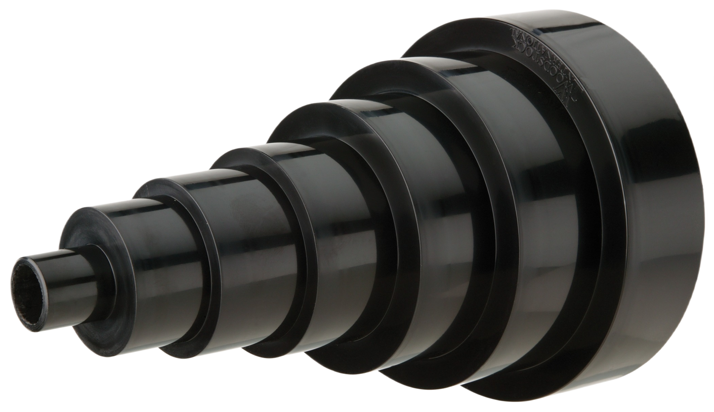 Black universal step reducer with seven tapered adapters for dust collection in woodworking tools and home improvement