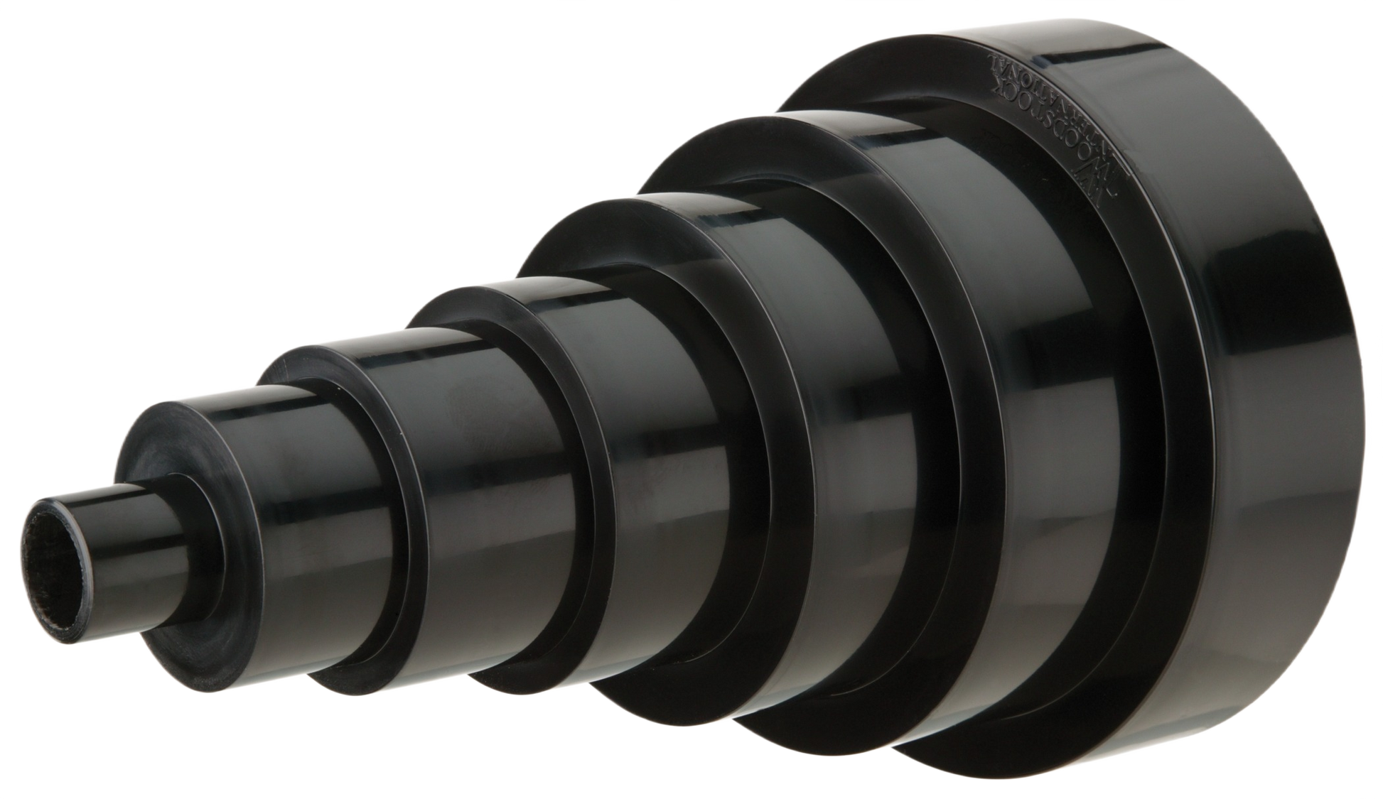 Black universal step reducer with seven tapered adapters for dust collection in woodworking tools and home improvement