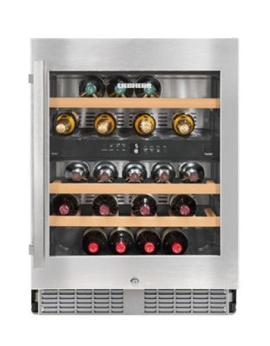 built-under multi-temperature wine cabinet with stainless steel frame, wooden racks, and digital temperature controls in kitchen appliances collection