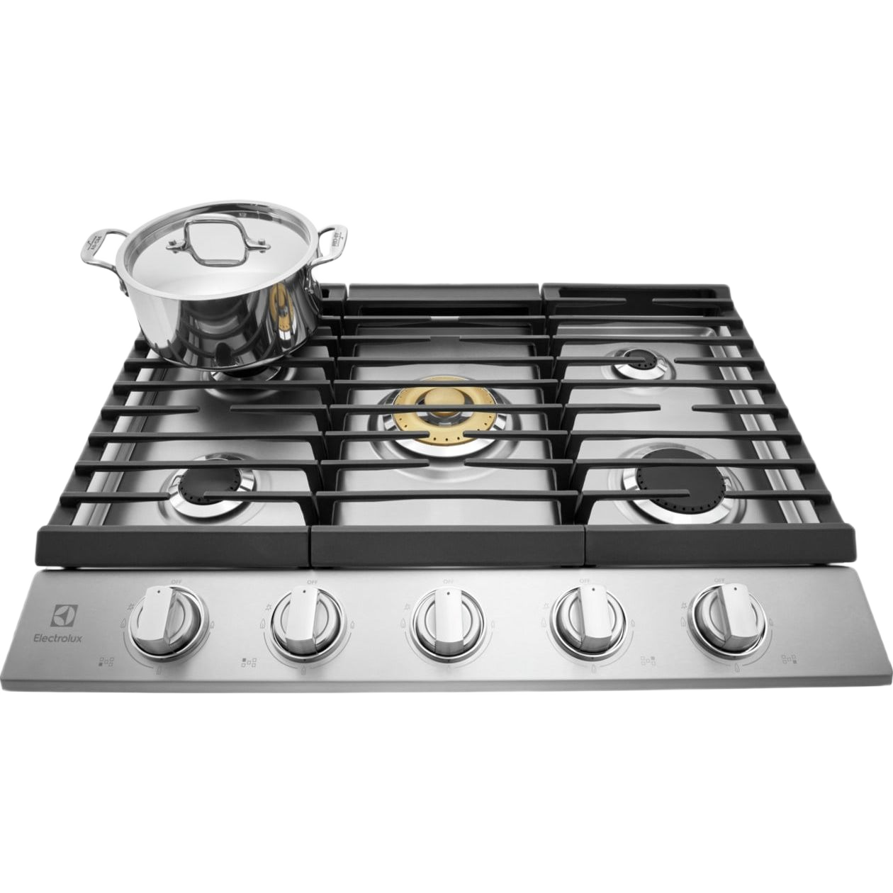 30-inch stainless steel gas cooktop with five burners including brass power burner and control knobs from Appliances collection
