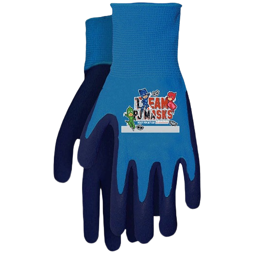 Blue and navy toddler gloves with cartoon character design and textured grip for safe play and light outdoor activities