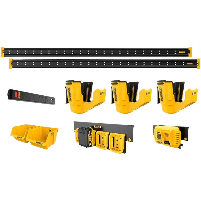 Set of yellow and black heavy-duty storage accessories including mounting rails, tool holders, and battery chargers for workshop organization