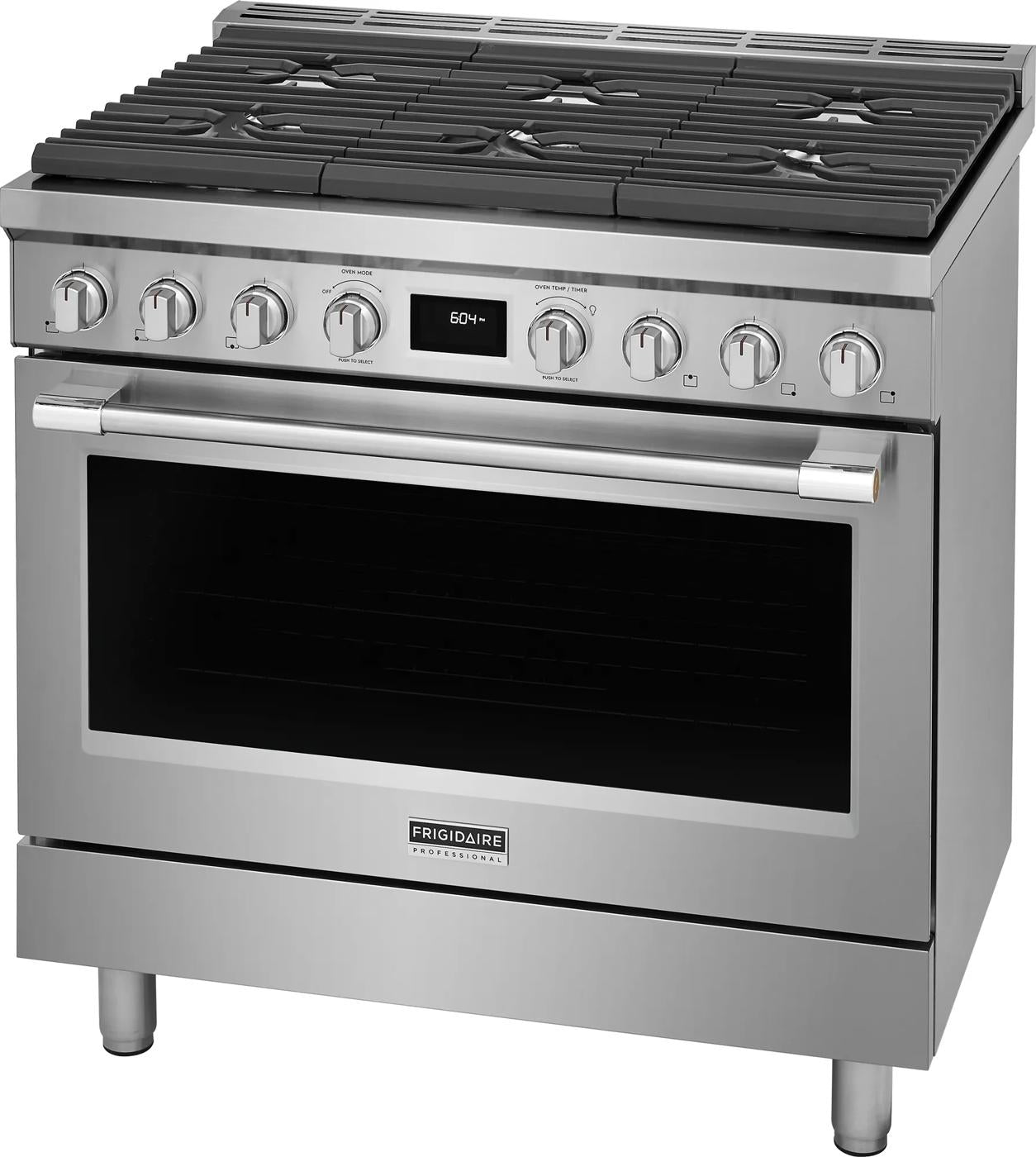 Stainless steel 36-inch dual-fuel freestanding range with six burner cooktop and digital display in kitchen appliances collection