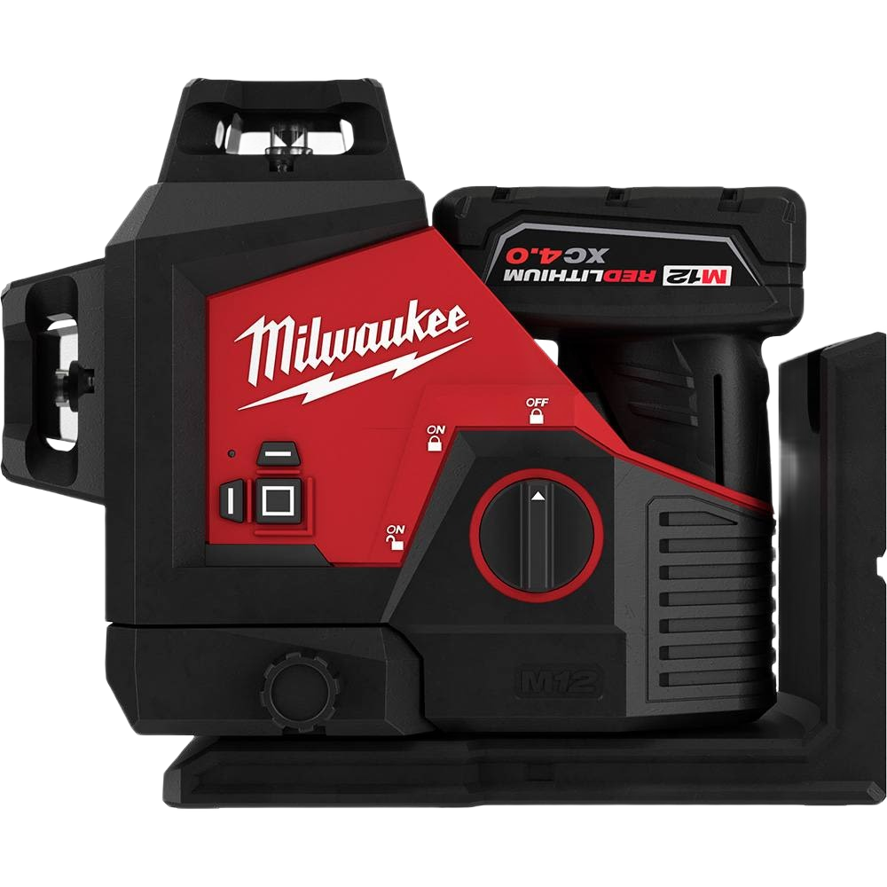 Red and black Milwaukee cordless laser level with M12 REDLITHIUM 4.0 XC battery for precise measuring and leveling tasks