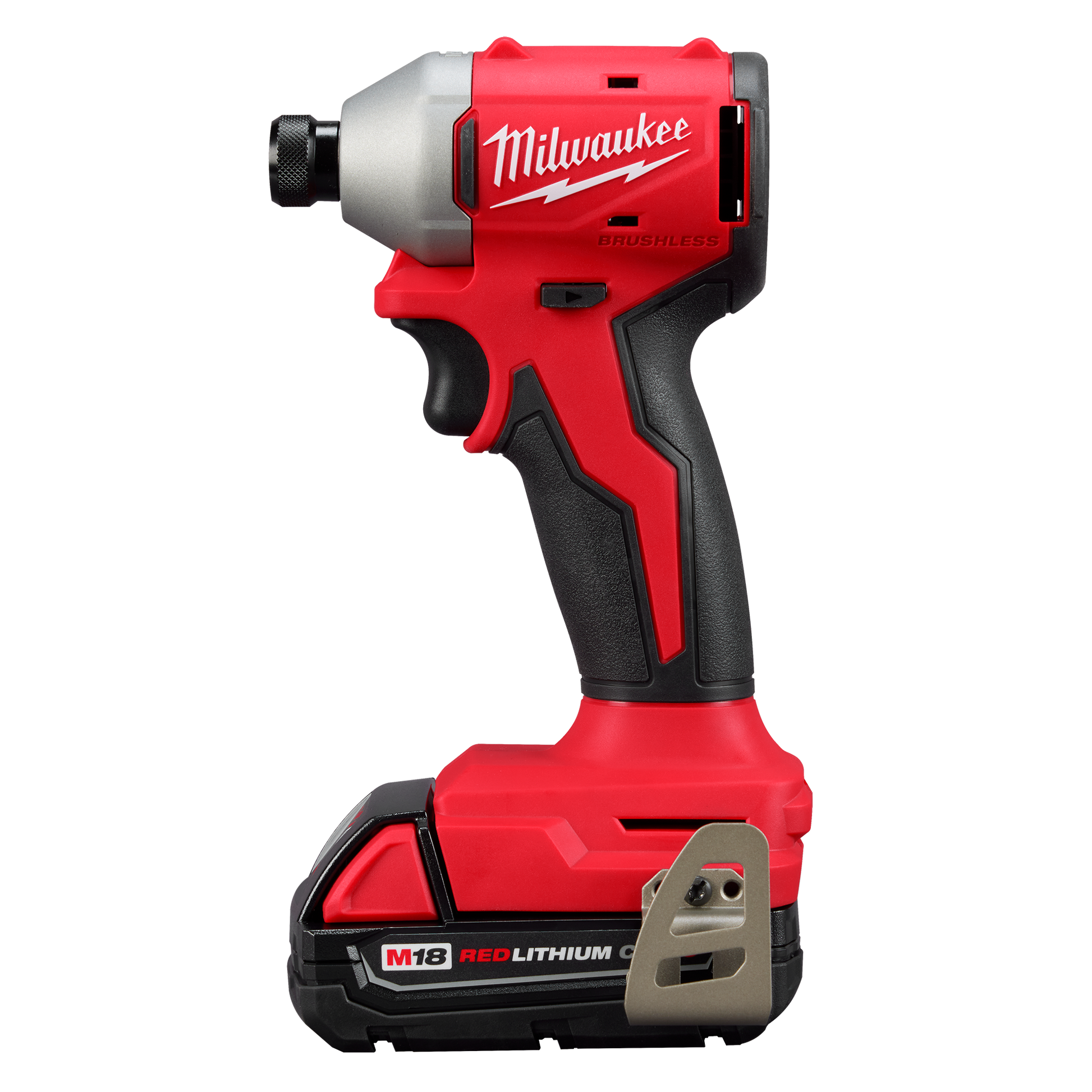 Red and black Milwaukee M18 compact brushless 1/4" hex impact driver for power tool and home improvement use
