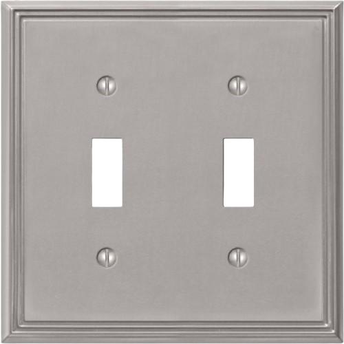 Brushed nickel double toggle switch wall plate in cast metal for home improvement and tools applications