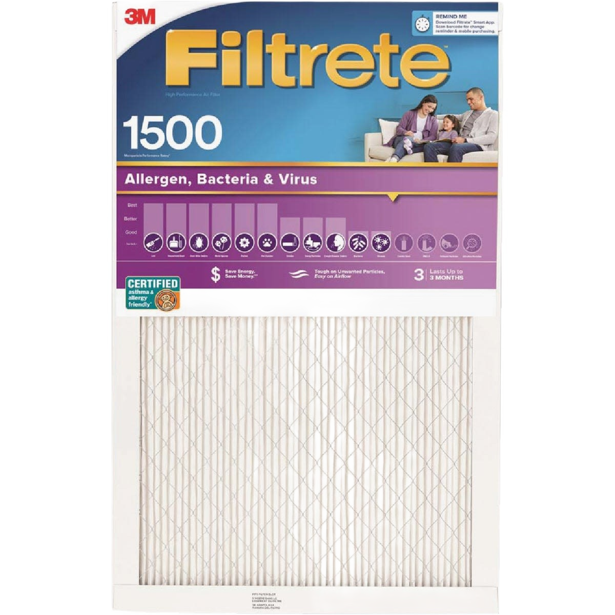 Filtrete 1500 furnace filter capturing allergens, bacteria, and viruses for heating and cooling air management under $50.