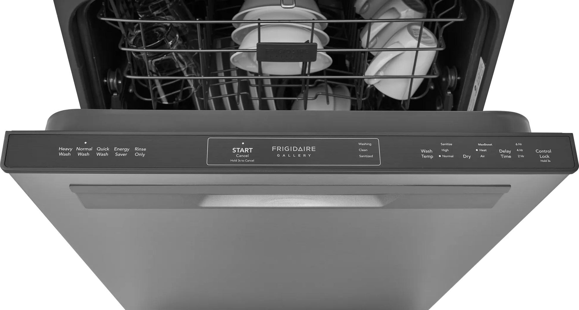Open 24-inch built-in dishwasher with stainless steel finish and multi-level rack inside for kitchen appliances collections