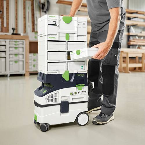 White and green modular Systainer3 SYS3-RACK storage system with drawers, designed for tool organization in workshops and jobsites