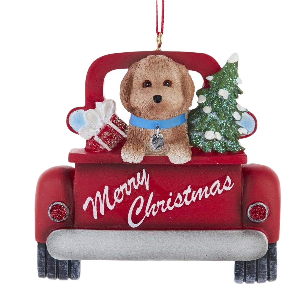 Red vintage truck ornament with a Goldendoodle, Christmas tree, and presents for holiday decor collection